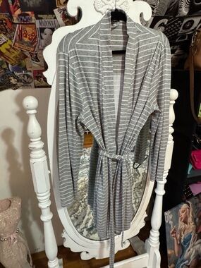 George Gray and White Striped Open-Front Cardigan